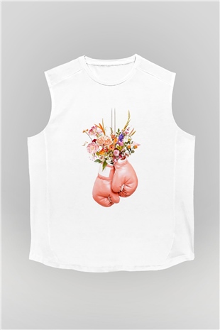 Pembe Boks Eldiveni Baskılı Unisex Beyaz  Kolsuz Tişört