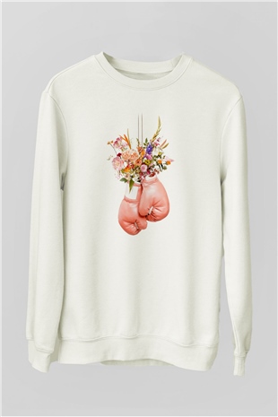 Pembe Boks Eldiveni Baskılı Unisex Beyaz  Sweatshirt
