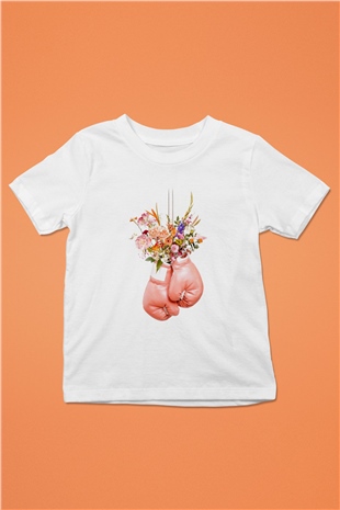 Pembe Boks Eldiveni Baskılı Unisex Beyaz  Çocuk Tişört