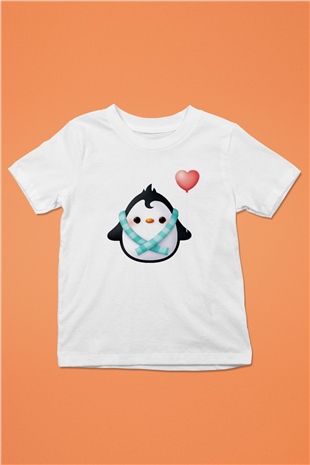 Penguen Baskılı Beyaz Unisex Çocuk Tişört
