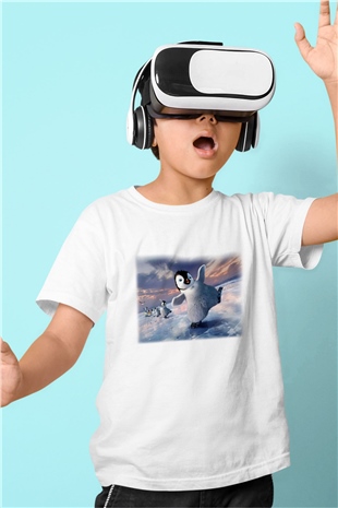 Penguen Baskılı Beyaz Unisex Çocuk Tişört