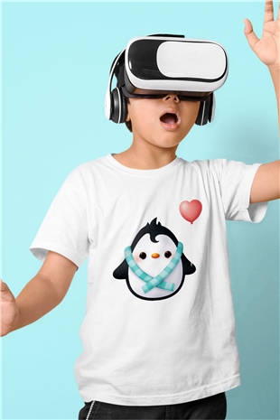 Penguen Baskılı Beyaz Unisex Çocuk Tişört
