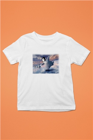 Penguen Baskılı Beyaz Unisex Çocuk Tişört