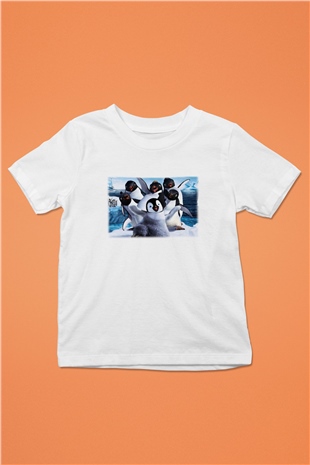Penguen Baskılı Beyaz Unisex Çocuk Tişört