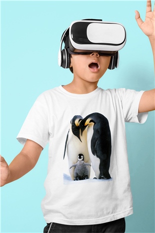 Penguen Baskılı Beyaz Unisex Çocuk Tişört