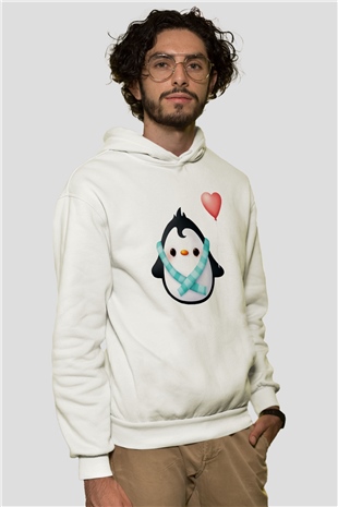 Penguen Beyaz Unisex Kapşonlu Sweatshirt