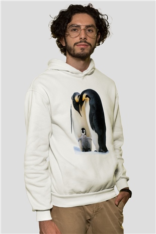 Penguen Beyaz Unisex Kapşonlu Sweatshirt