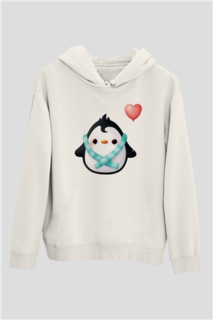 Penguen Beyaz Unisex Kapşonlu Sweatshirt