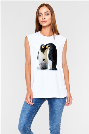 Penguen Beyaz Unisex Kolsuz Tişört