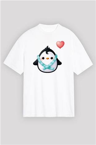 Penguen Beyaz Unisex Oversize Tişört T-Shirt