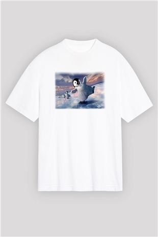 Penguen Beyaz Unisex Oversize Tişört T-Shirt