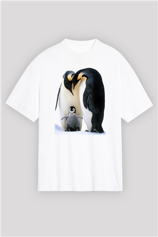 Penguen Beyaz Unisex Oversize Tişört T-Shirt