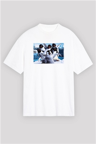Penguen Beyaz Unisex Oversize Tişört T-Shirt