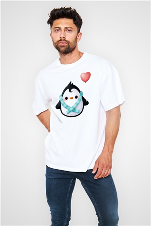 Penguen Beyaz Unisex Oversize Tişört T-Shirt