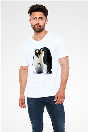 Penguen Beyaz Unisex V Yaka Tişört T-Shirt