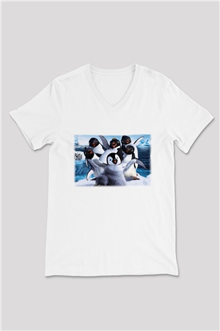 Penguen Beyaz Unisex V Yaka Tişört T-Shirt