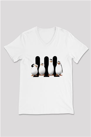 Penguen Beyaz Unisex V Yaka Tişört T-Shirt