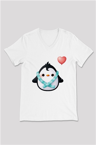 Penguen Beyaz Unisex V Yaka Tişört T-Shirt