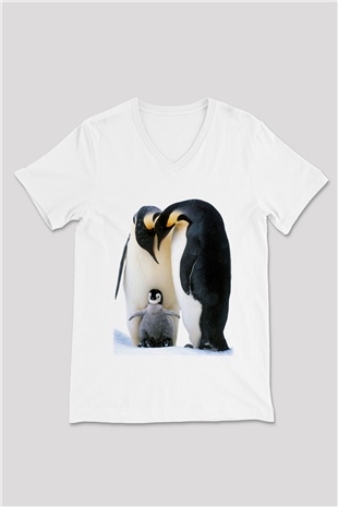 Penguen Beyaz Unisex V Yaka Tişört T-Shirt