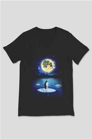 Penguen Siyah Unisex V Yaka Tişört