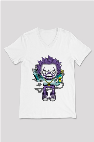 Pennywise Boombox Baskılı Beyaz Unisex V Yaka Tişört