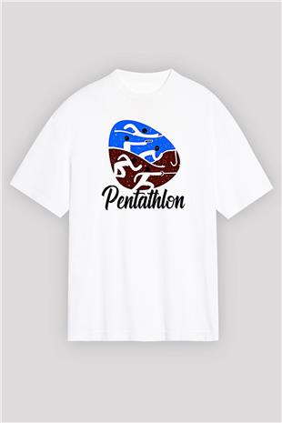Pentathlon Baskılı Unisex Beyaz Oversize Tişört - Tshirt