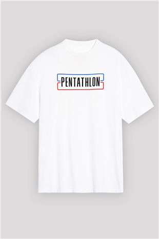 Pentathlon Baskılı Unisex Beyaz Oversize Tişört - Tshirt