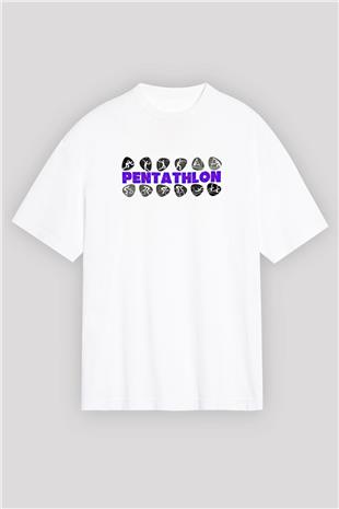 Pentathlon Baskılı Unisex Beyaz Oversize Tişört - Tshirt