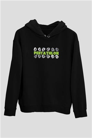 Pentathlon Baskılı Unisex Siyah Kapüşonlu Sweatshirt