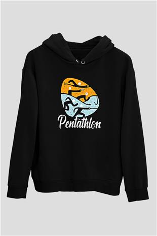 Pentathlon Baskılı Unisex Siyah Kapüşonlu Sweatshirt
