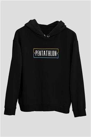 Pentathlon Baskılı Unisex Siyah Kapüşonlu Sweatshirt