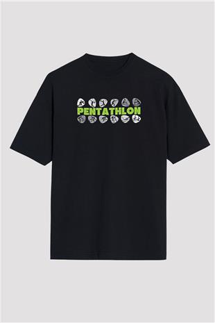 Pentathlon Baskılı Unisex Siyah Oversize Tişört