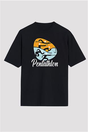 Pentathlon Baskılı Unisex Siyah Oversize Tişört