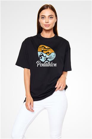 Pentathlon Baskılı Unisex Siyah Oversize Tişört