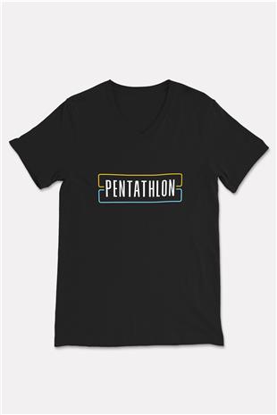 Pentathlon Baskılı Unisex Siyah V Yaka Tişört