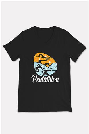 Pentathlon Baskılı Unisex Siyah V Yaka Tişört