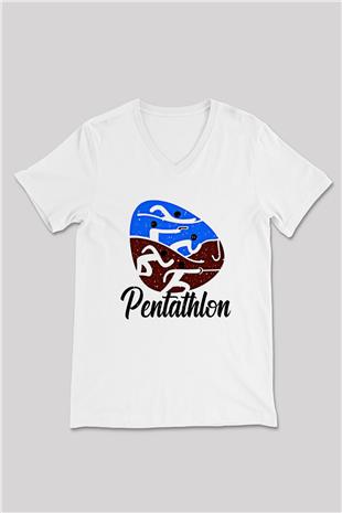 Pentathlon Baskılı Unisex V Yaka Tişört - Tshirt