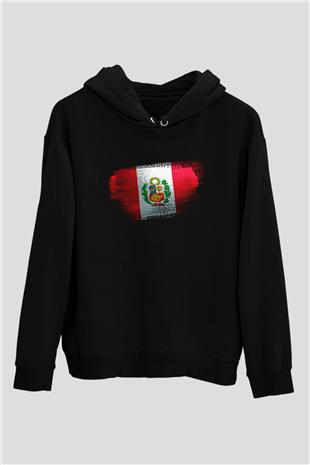 Peru Bayrağı Baskılı Unisex Siyah Kapüşonlu Sweatshirt
