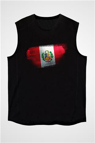 Peru Bayrağı Baskılı Unisex Siyah Kolsuz Tişört