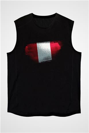 Peru Bayrağı Baskılı Unisex Siyah Kolsuz Tişört