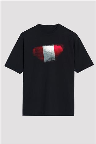 Peru Bayrağı Baskılı Unisex Siyah Oversize Tişört