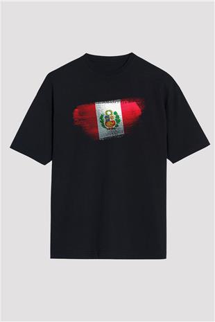 Peru Bayrağı Baskılı Unisex Siyah Oversize Tişört