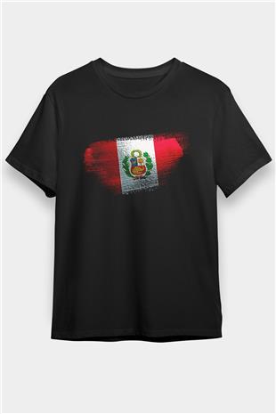 Peru Bayrağı Baskılı Unisex Siyah Tişört