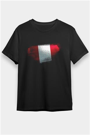Peru Bayrağı Baskılı Unisex Siyah Tişört