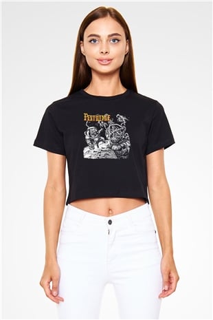 Pestilence Baskılı Siyah Crop Top Kadın Tişört - Tshirt