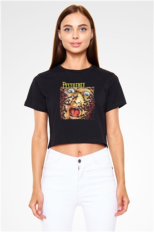 Pestilence Baskılı Siyah Crop Top Kadın Tişört - Tshirt