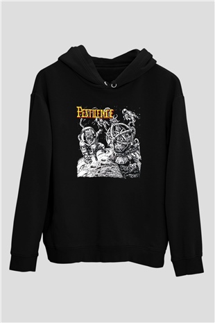 Pestilence Baskılı Unisex Siyah Kapüşonlu Sweatshirt