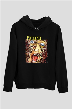 Pestilence Baskılı Unisex Siyah Kapüşonlu Sweatshirt