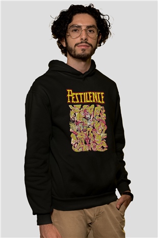 Pestilence Baskılı Unisex Siyah Kapüşonlu Sweatshirt