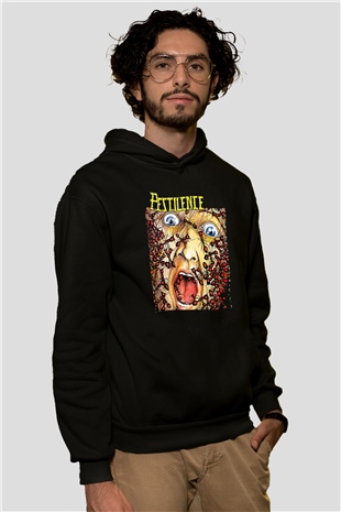 Pestilence Baskılı Unisex Siyah Kapüşonlu Sweatshirt